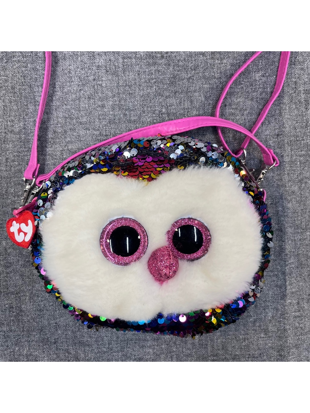 TY Beanie Boo Owl Sequin Crossbody Purse Pink Strap Plush Face Glitter Eyes